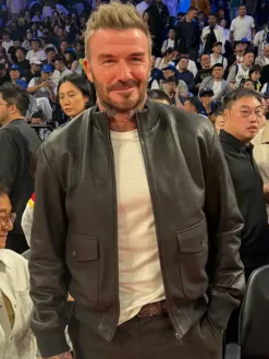 David Beckham NBA China Game 2026 Houston Rockets vs Dallas Mavericks Black Leather Jacket front view