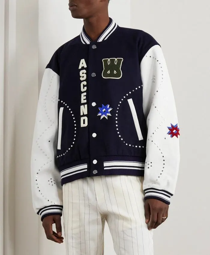Don Toliver Milwaukee Wales Bonner Blue Wool-Blend and White Leather Letterman Varsity Jacket