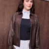 Ella Bright Miu Miu PFW Show Bomber Brown Leather Jacket