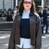 Ella Bright Miu Miu PFW Show Leather Bomber Jacket