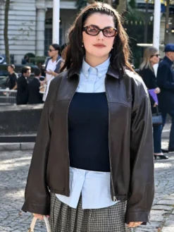 Ella Bright Miu Miu PFW Show Leather Bomber Jacket
