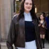 Ella Bright Miu Miu Paris Fashion Week Spring Summer 2027 Show Brown Leather Bomber Jacket