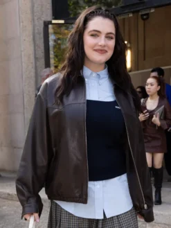 Ella Bright Miu Miu Paris Fashion Week Spring Summer 2027 Show Brown Leather Bomber Jacket