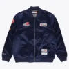 F1 Max Verstappen Racing Mitchell & Ness Karting Blue Satin Bomber Jacket front view