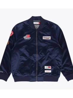 F1 Max Verstappen Racing Mitchell & Ness Karting Blue Satin Bomber Jacket front view