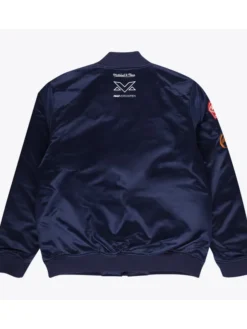 F1 Max Verstappen Racing Mitchell & Ness Karting Bomber Blue Satin Jacket back view
