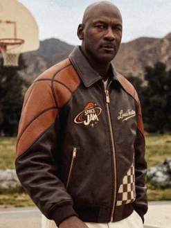 Fan Made Space Jam × Louis Vuitton Men's Brown Leather Bomber Jacket For Sale