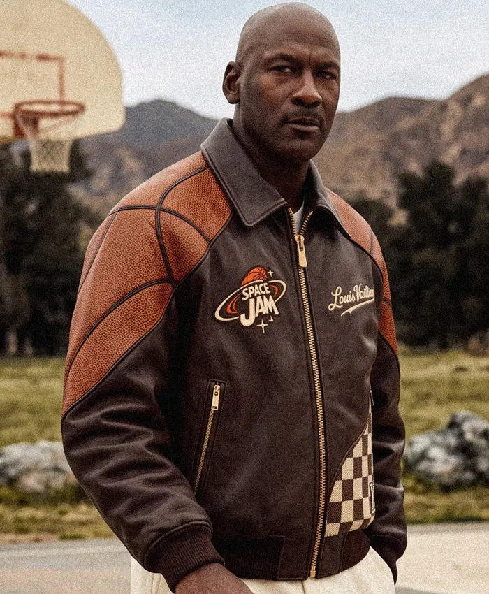 Fan Made Space Jam × Louis Vuitton Men's Brown Leather Bomber Jacket For Sale