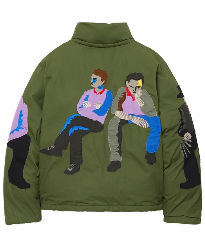 Grab KidSuper Subway Car Patchwork Green Satin Puffer Jacket back view