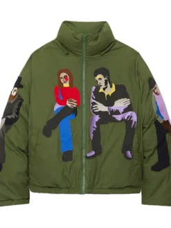 Grab KidSuper Subway Car Satin Patchwork Green Puffer Jacket front view