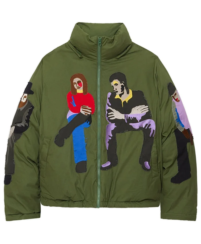 Grab KidSuper Subway Car Satin Patchwork Green Puffer Jacket front view