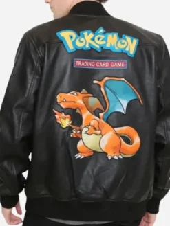 Grab Pokemon 2026 Fire Dragon Black Bomber Leather Jacket back view