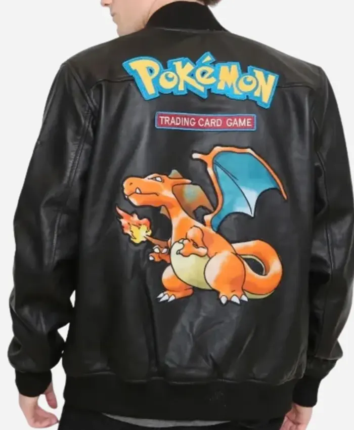 Grab Pokemon 2026 Fire Dragon Black Bomber Leather Jacket back view