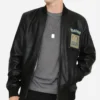 Grab Pokemon Fire Dragon 2026 Black Leather Bomber Jacket front view