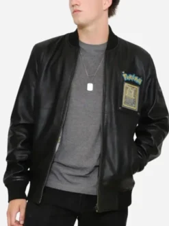 Grab Pokemon Fire Dragon 2026 Black Leather Bomber Jacket front view