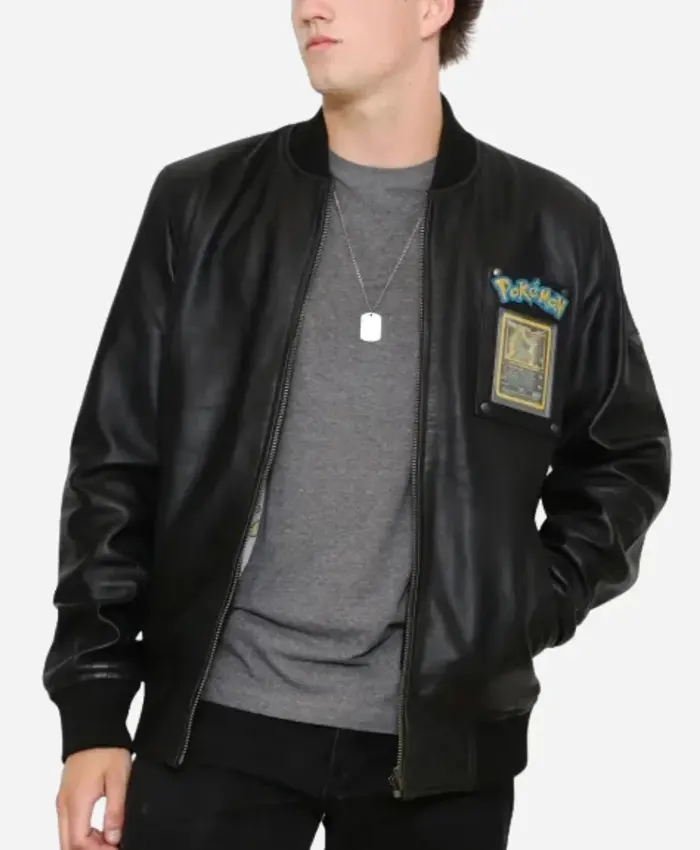 Grab Pokemon Fire Dragon 2026 Black Leather Bomber Jacket front view