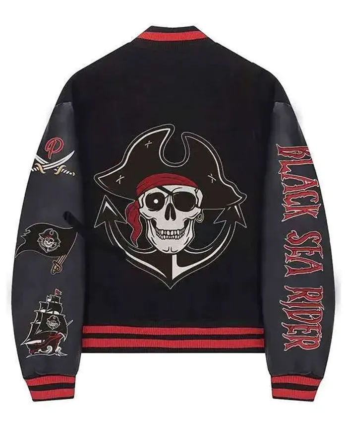 Halloween Pirate Sea Rider Letterman Varsity Black Jacket Back