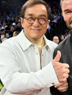 Jackie Chan NBA China Game 2026 Houston Rockets vs Dallas Mavericks White Cotton Jacket front view