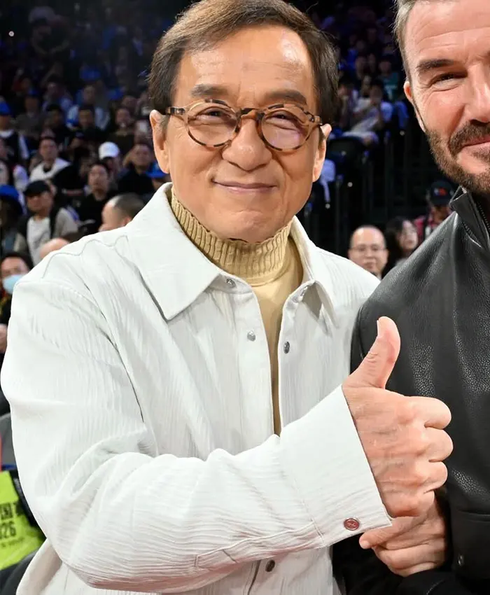 Jackie Chan NBA China Game 2026 Houston Rockets vs Dallas Mavericks White Cotton Jacket front view