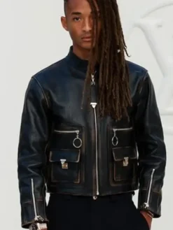 Jaden Smith Louis Vuitton Spring-Summer Paris Fashion Week 2027 Black Leather Jacket front view