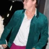 James Blake Show Paris 2026 Brad Pitt Green Suede Leather Trucker Jacket front view