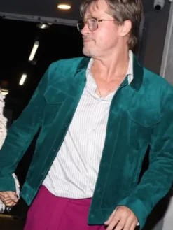 James Blake Show Paris 2026 Brad Pitt Green Suede Leather Trucker Jacket front view