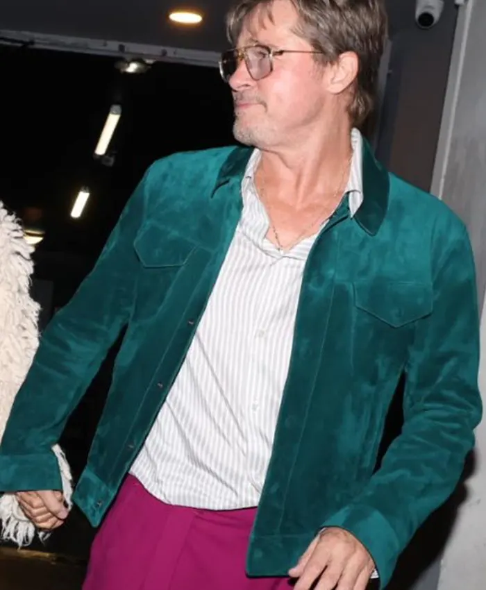 James Blake Show Paris 2026 Brad Pitt Green Suede Leather Trucker Jacket front view