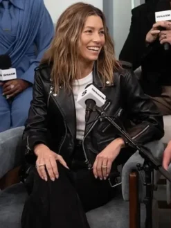 Jessica-Biel-SiriusXMs-Front-Row-2026-Black-Cropped-Moto-Leather-Jacket
