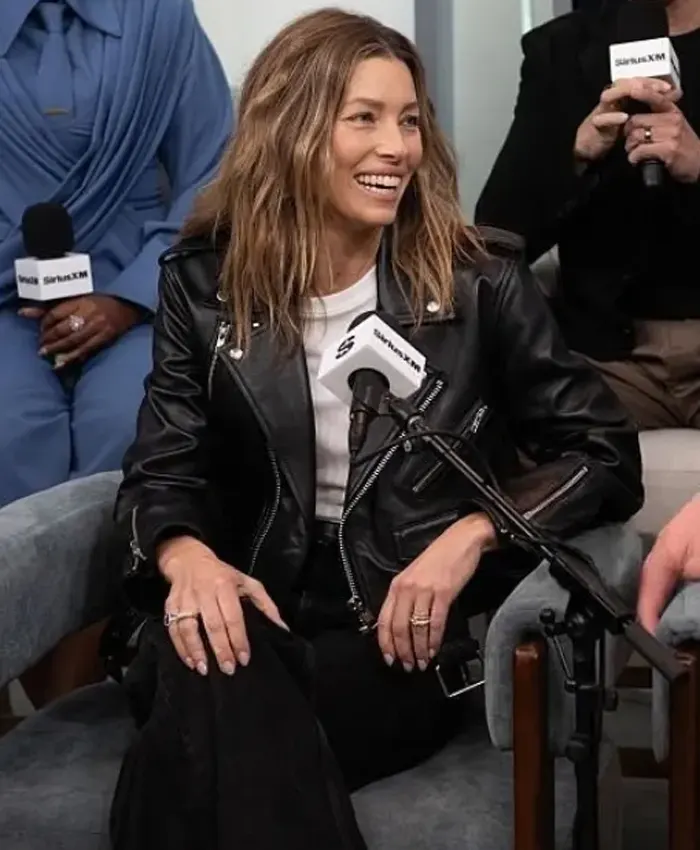 Jessica-Biel-SiriusXMs-Front-Row-2026-Black-Cropped-Moto-Leather-Jacket