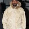 Kanye West Westwood Los Angeles Cream Fur Hooded Satin Bomber Jacket front view