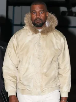 Kanye West Westwood Los Angeles Cream Fur Hooded Satin Bomber Jacket front view