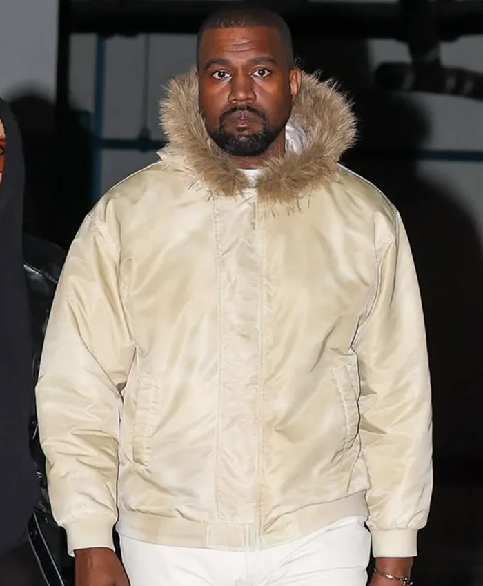 Kanye West Westwood Los Angeles Cream Fur Hooded Satin Bomber Jacket front view