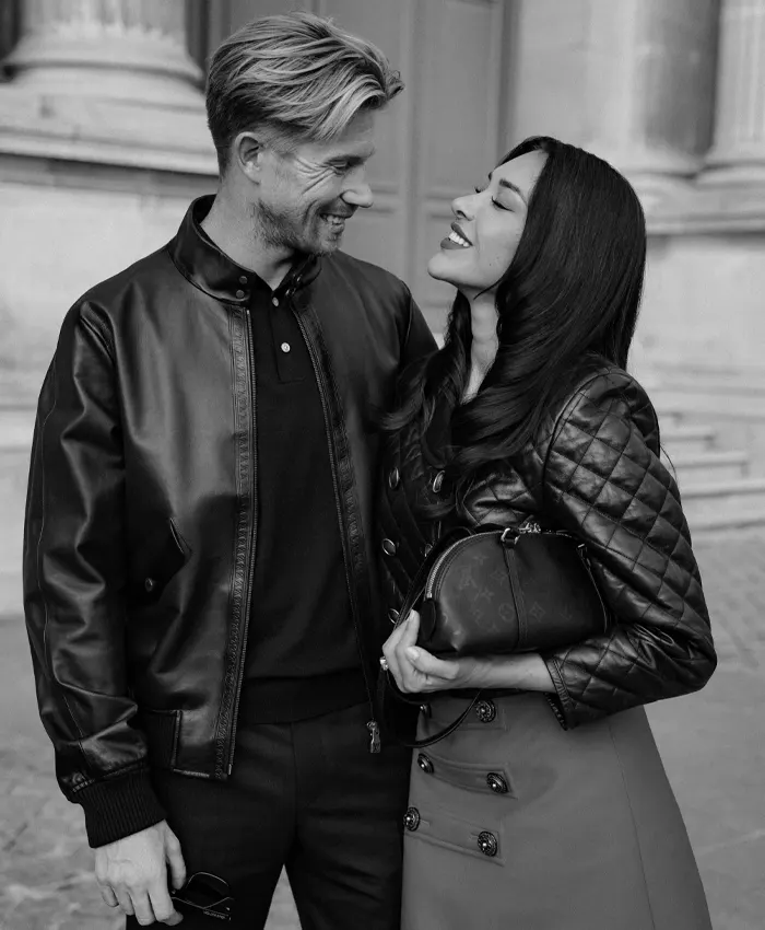 Kevin De Bruyne and his wife Michele Louis Vuitton Show Black Leather Jacket For Sale