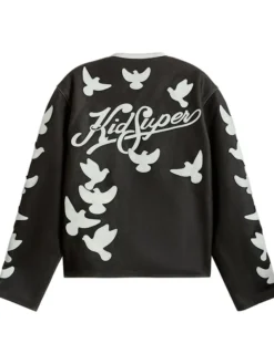 KidSuper Doves Black Cafe Racer Moto Distressed Leather Jacket back view