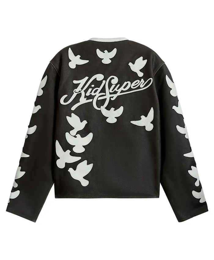 KidSuper Doves Black Cafe Racer Moto Distressed Leather Jacket back view
