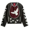 KidSuper Doves Distressed Black Moto Cafe Racer Leather Jacket front view