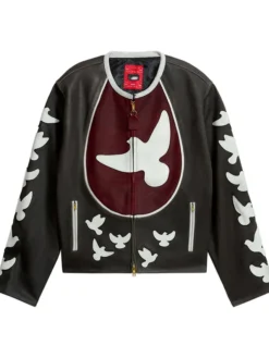 KidSuper Doves Distressed Black Moto Cafe Racer Leather Jacket front view