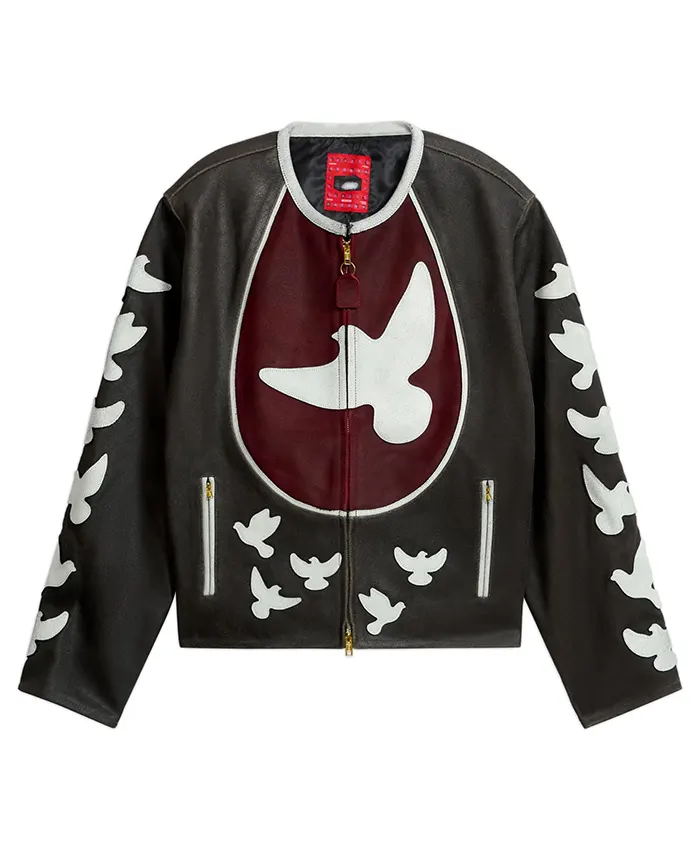 KidSuper Doves Distressed Black Moto Cafe Racer Leather Jacket front view