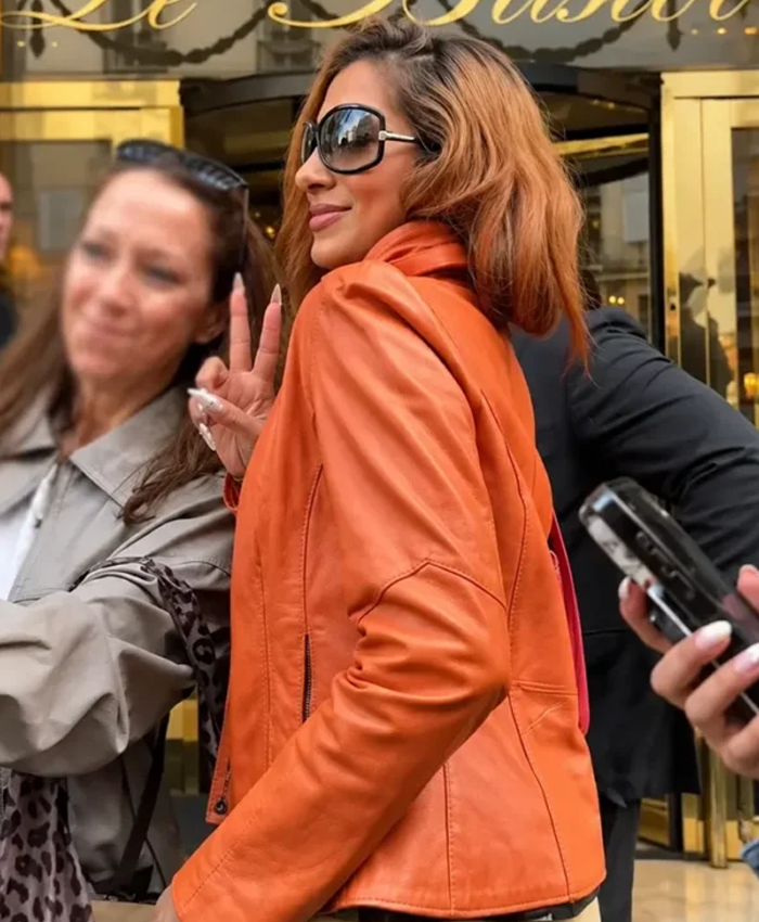 Lara-Raj-Paris-Fashion-Week-2026-Orange-Leather-Jacket-Side