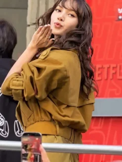 Lisa-Greets-Fans-Outside-NRJ-Radio-studio-Mustard-Cropped-Jacket-Back