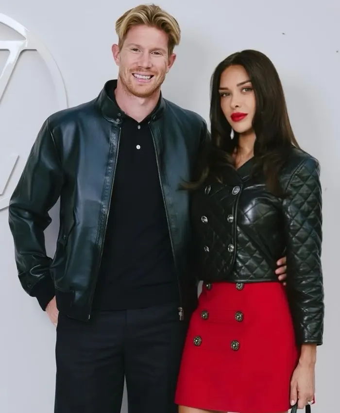 Louis Vuitton Show Kevin De Bruyne and his wife Michele Black Leather Jacket