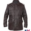 M65 Field Brown Full-Snap and Zipper Real Leather Bomber Jacket front view