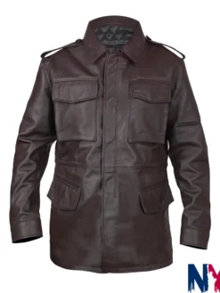 M65 Field Brown Full-Snap and Zipper Real Leather Bomber Jacket front view