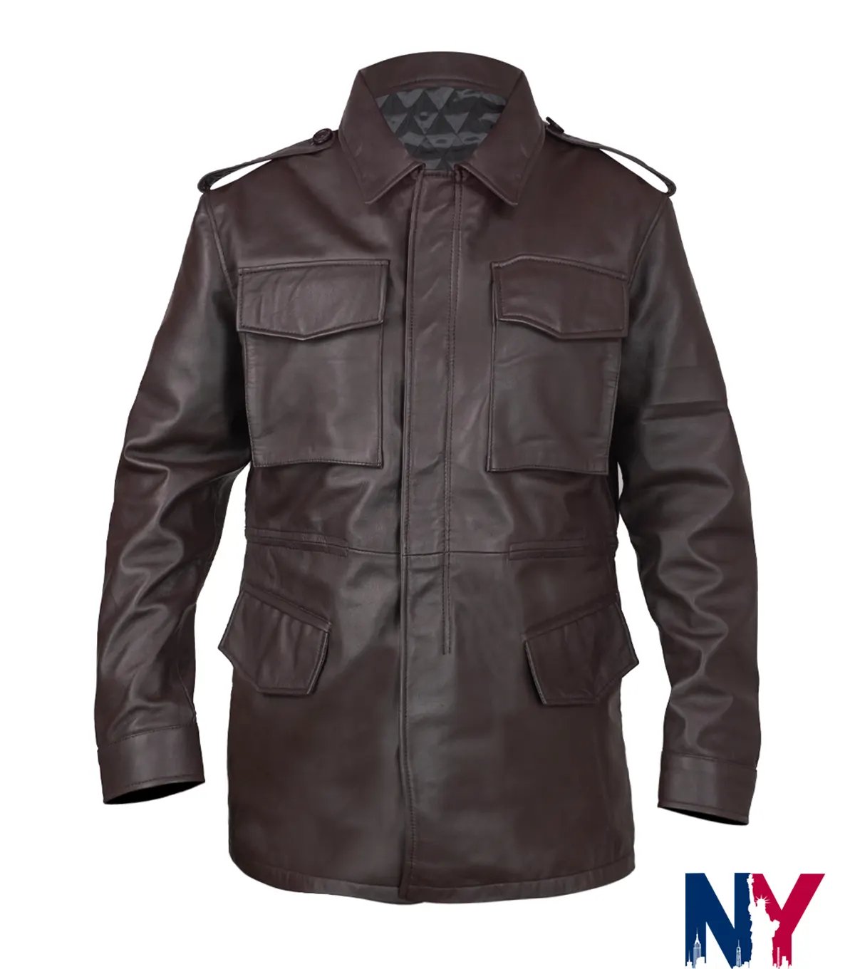 M65 Field Brown Full-Snap and Zipper Real Leather Bomber Jacket front view