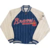 MLB Atlanta Braves 1990s Blue And Off-White Pinstripe Cotton Varsity Bomber Jacket front view