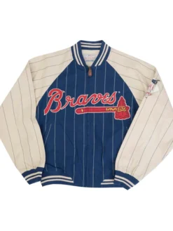 MLB Atlanta Braves 1990s Blue And Off-White Pinstripe Cotton Varsity Bomber Jacket front view