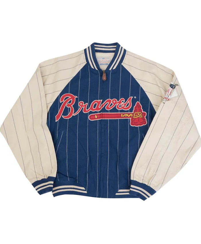 MLB Atlanta Braves 1990s Blue And Off-White Pinstripe Cotton Varsity Bomber Jacket front view