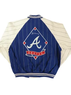MLB Atlanta Braves Blue And Off-White 1990s Pinstripe Cotton Bomber Varsity Jacket back view