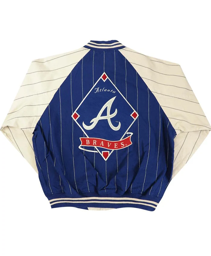 MLB Atlanta Braves Blue And Off-White 1990s Pinstripe Cotton Bomber Varsity Jacket back view