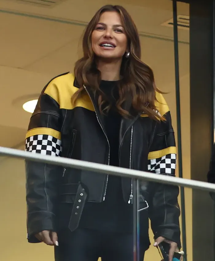 MLB Chicago White Sox Lewandowski Wife Anna Lewandowska Black-Yellow Moto Leather Jacket front view